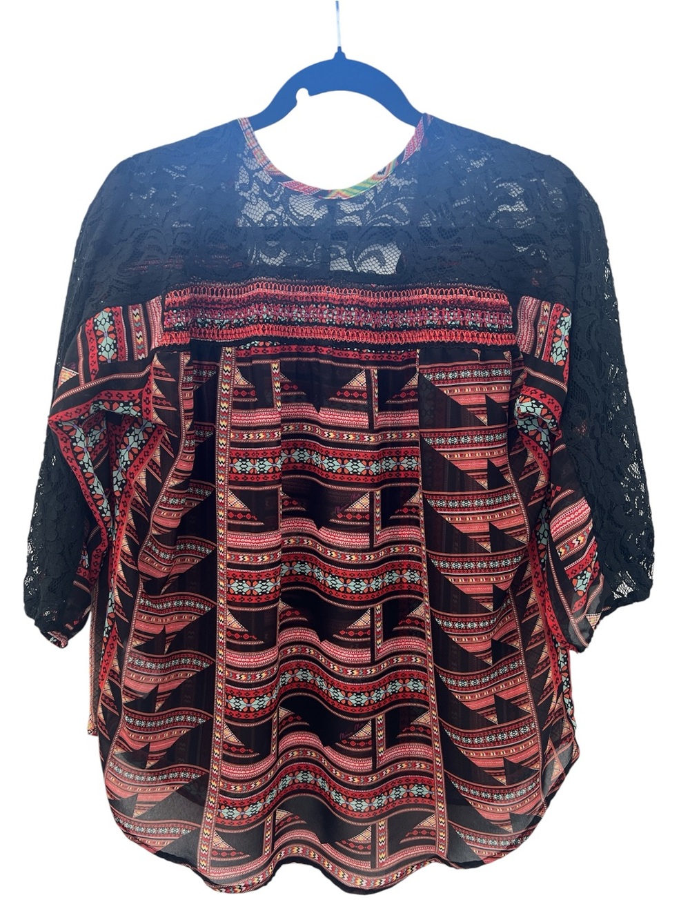 Miss Me Boho Geometric Print Lace 3/4 Sleeve Blouse Size Small - Picture 5 of 5
